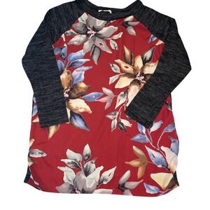 Eloges Floral Raglan Top Long Sleeve Burgundy Black Casual Tunic Shirt